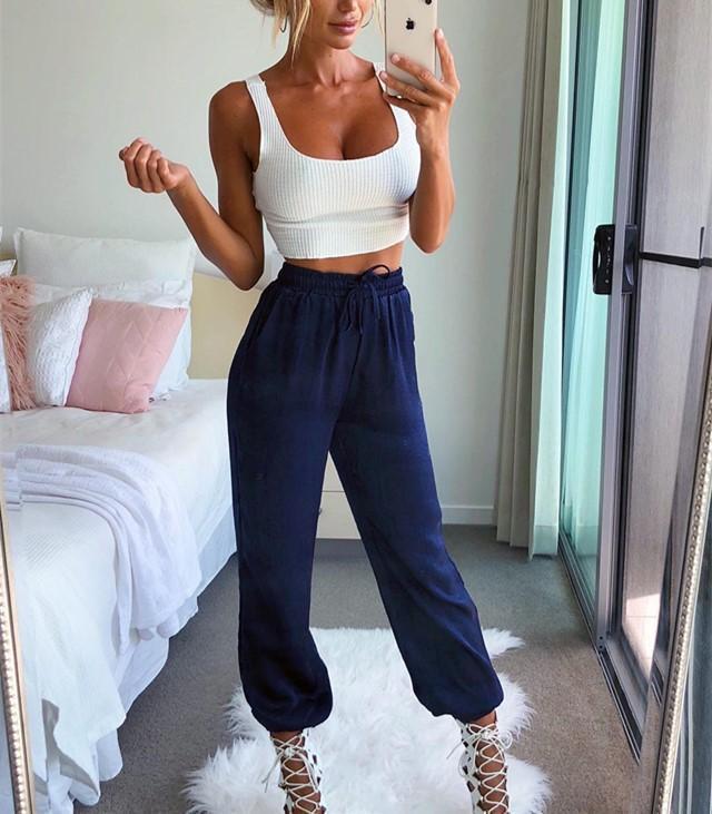 Casual Sexy Joker Pure   Color Shown Thin Jogger Pants Bloomers