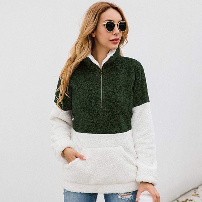 Women Casual Warm Hoodie Pocket Coat Zipper Turn-over Collar Long Sleeve Pullover