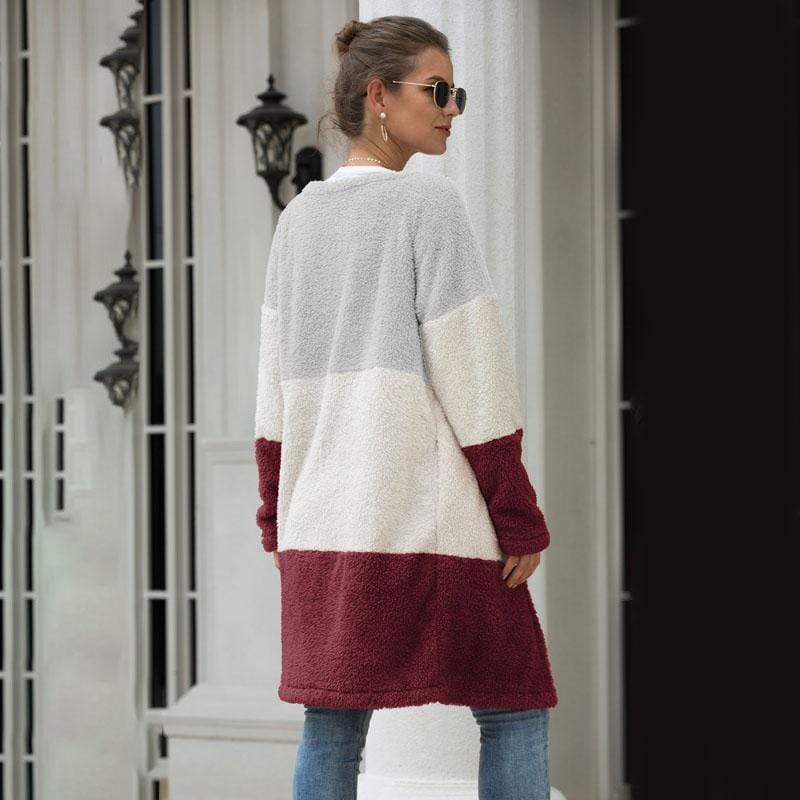 Women Coat Long Sleeve Three-Color Splice Warm Fashion Casual