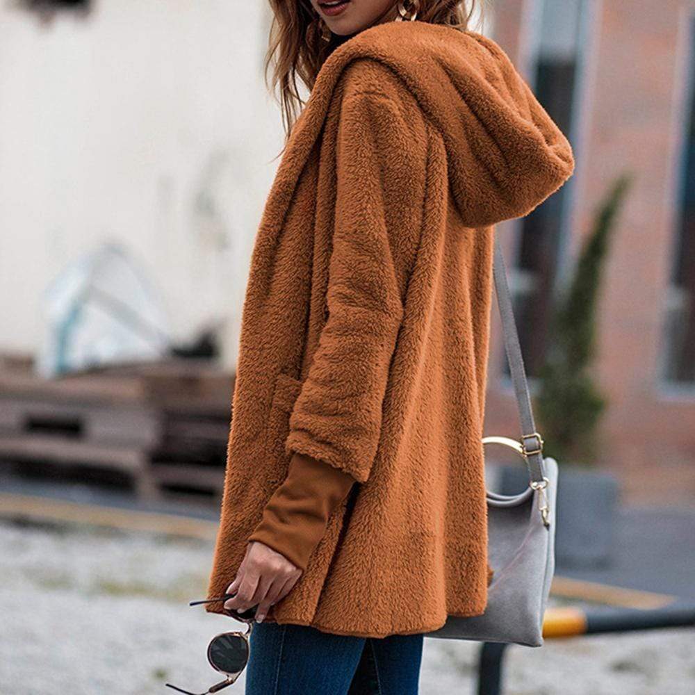 Women Coat Pocket With Hat Solid Color Long Sleeve