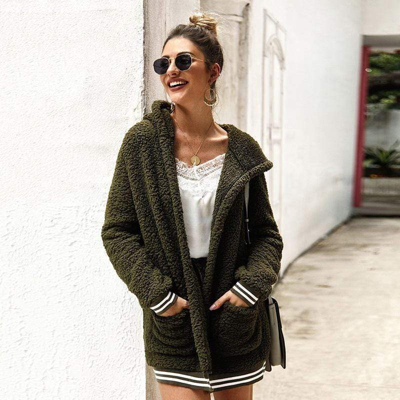 Women Coat Cardigan Stripe Pocket With Hat