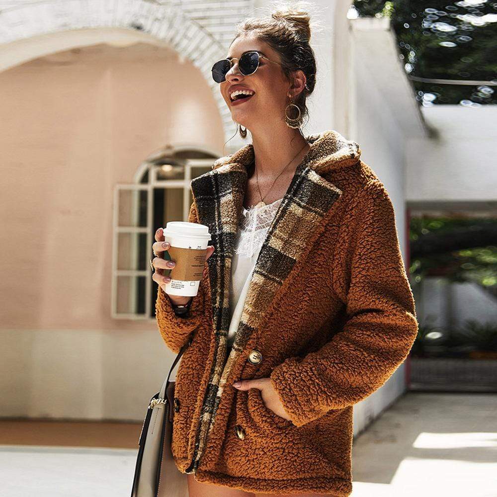 Women's Top Coat Plaid Lapel Button Down Pocket Jacket